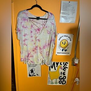 Criss-Cross Neckline Pink Tie-Dye Women's Top 3X